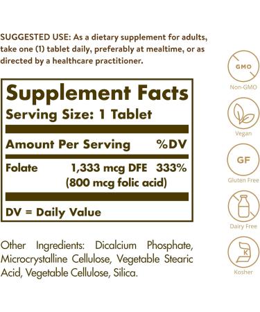 Solgar Folate 800 mcg Bio-Active Metafolin - 100 Tablets x 2 - Heart Health Support - Non-GMO Vegan Gluten Free Dairy Free Kosher - 200 Total Servings - Buy Online on GoSupps.com