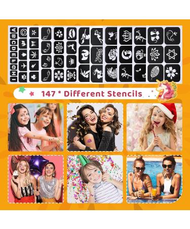 Glitter Tattoo Kids Set - 30 Colors, 147 Stencils, Brushes, Glue - Arts Glitter for Girls, Boys, Birthday, Festival - Gifts for Kids & Adults - Yellow - Buy Online on GoSupps.com