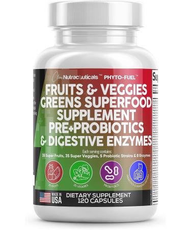 Reds & Greens Superfood Supplement - 120 Ct Capsules with 70+ Fruit & Vegetable Extracts, Probiotics, Prebiotics, Digestive Enzymes, Spirulina - Made in USA - Buy Online on GoSupps.com