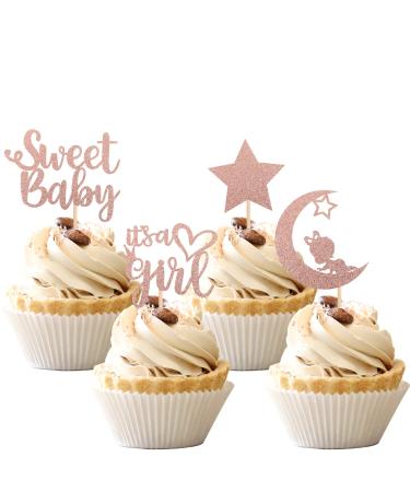 36 PCS Baby Shower Girl Cupcake Toppers with Moon Glitter Star It's a Girl Sweet Baby Gender Reveal Cupcake Picks Baby Shower Kids Girls Birthday Party Cake Decorations Supplies Rose Gold A Girl Rose Gold
