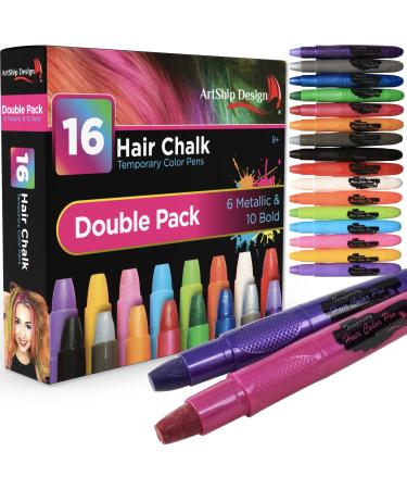 Hair Chalk 16 Color Double Pack with 6 Glitter Colors Temporary Hair Color Pens
