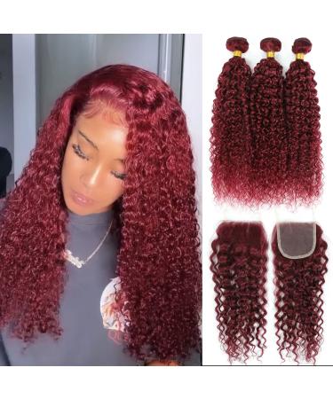 12A Grade 99j Burgundy Water Wave Hair 3 Bundles with Closure (12 14 16+10) 100% Unprocessed Brazilian Virgin Remy Wet and Wavy Human Hair Wine Red Colored Ocean Wave Hair Extensions For Black Women 70g/Bundle 12 14 16+1...