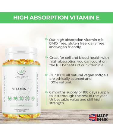 Vitamin E 500IU Vegan Softgels | 6-Month Supply 180ct | High Strength Alpha Tocopherol Capsules | 100% Natural & Vegan - Buy Online on GoSupps.com