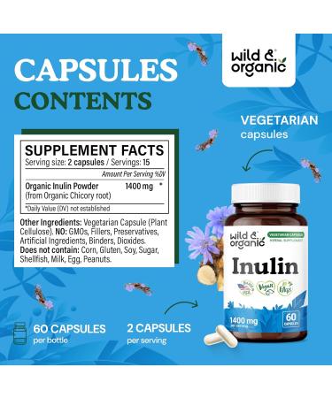 Wild & Organic Inulin Prebiotic Fiber Capsules 1400 mg - Digestive & Gut Support - Chicory Root Inulin Powder Supplement - Vegan No Fillers Non-GMO - 60 Count 60 Count (Pack of 1) - Buy Online on GoSupps.com