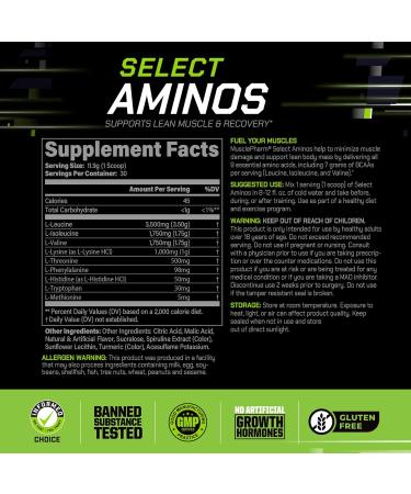 MusclePharm Select Amino's EAA + BCAAs Post Workout Essential Amino Acids Powder Pre Workout Energy Supplement for Men & Women with Branched Chain Amino Acids 30 Servings (Sour Candy) Sour Candy 4 Pound (Pack of 1) - Buy Online on GoSupps.com