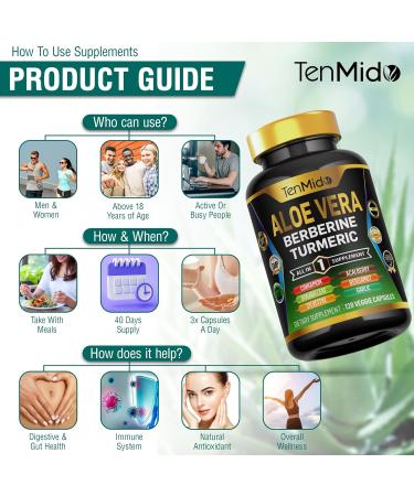 Tenmido Aloe Vera Capsules Supplement - 12in1 Formula - Combine with Berberine Turmeric Ceylon Cinnamon Banaba Leaf Gymnema Sylvestre Acai Berry Bergamot Garlic and More - 120 Capsules - Buy Online on GoSupps.com