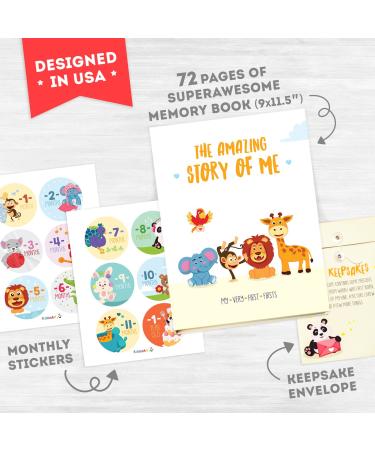 KiddosArt Baby Memory Book: Keepsake Journal & Scrapbook for Boy or Girl | Record First 5 Years | 72 Pages with Monthly Stickers | Happy Animals Theme - Buy Online on GoSupps.com