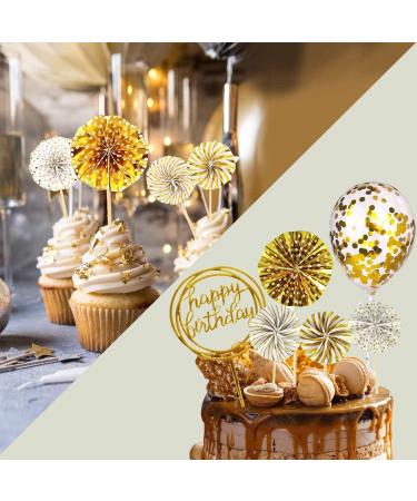 Camelize Happy Birthday Cake Topper Acrylic Round Cupcake Topper A Series of Golden Paper Fans Confetti Balloon Birthday Cake Supplies Decorations Set-Golden - Buy Online on GoSupps.com