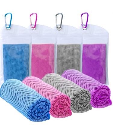 TowelTouch Cooling Towel Workout, Gym, Fitness, Golf, Yoga, Camping, Hiking, Bowling, Travel, Outdoor Sports Towel for Instant Cooling Relief (4 Packs) Blue/Rose Red/Gray/Purple