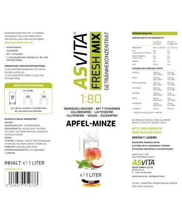 ASVITA Fresh Mix Beverage Concentrate 1:80 - 1L Bottle with Dosing Pump - Sugar-Free Drink Syrup in 26 Flavors (Apple Mint) - International Shipping Available - Buy Online on GoSupps.com