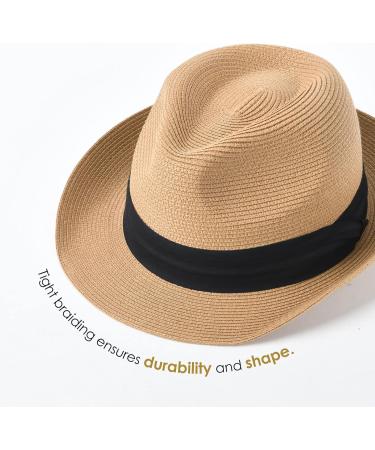 Unisex Straw Fedora Sun Hat | Packable Roll-Up Design | Khaki-Black | Medium-Large - Buy Online on GoSupps.com