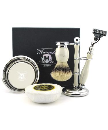 Haryali London Men's Shaving Set Pure Silver Tip Badger Hair Brush in Ivory Colour Set Includes Triple Edge Razor Holder Shaving Bowl and Soap Special Edition