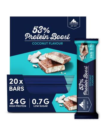 Multipower 53% protein boost - 20 x 45 g protein bar Coconut with 53% high quality protein - 24 g protein and 1.4 g sugar per protein bar - Buy Online on GoSupps.com