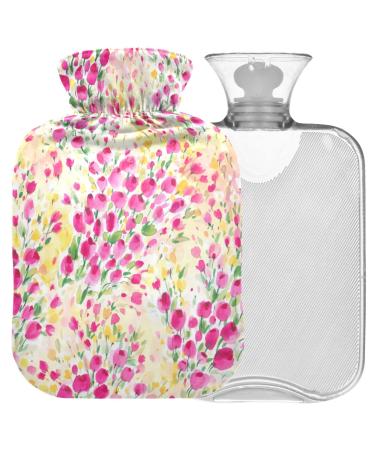 NAANLE hot water bottle with lid flowers watercolor transparent hot water bottle hot water bottle to relieve back pain hand feet warmer for neck heat and cold therapy 1 L