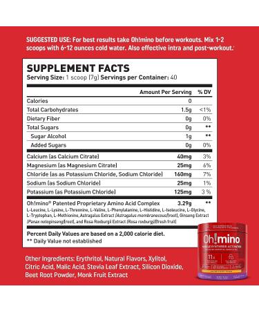 Oh!mino Sugar-and-Stimulant-Free Pre Workout Powder 280g - Berry Blast | Muscle Synthesis Activator | Amino Energy Blend | 40 Servings - Oh!Nutrition - Buy Online on GoSupps.com
