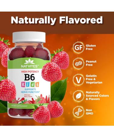 Natvites High-Potency Vitamin B6 Gummies for Kids - Delicious Berry Flavored VIT B6 Vitamins 50mg - Supports Nerve Function - Vegetarian Gluten Free Non-GMO Children's 50 mg B 6 Supplement (60 Count) - Buy Online on GoSupps.com