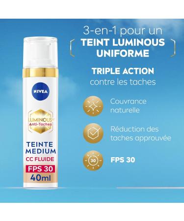 NIVEA Luminous 630 CC SPF30 Medium Tint (1 x 40 ml) CC Unified Face Cream Blemish Covering Foundation Tinted Face Care Anti-Aging Corrector Spot Reducer - Buy Online on GoSupps.com