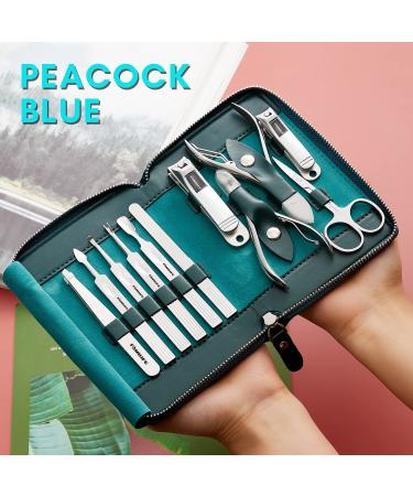 Familife Professional Manicure Set - Stainless Steel Nail Clippers & Grooming Kit | Peacock Blue Leather Travel Case - Perfect Gift for Men & Women - Buy Online on GoSupps.com