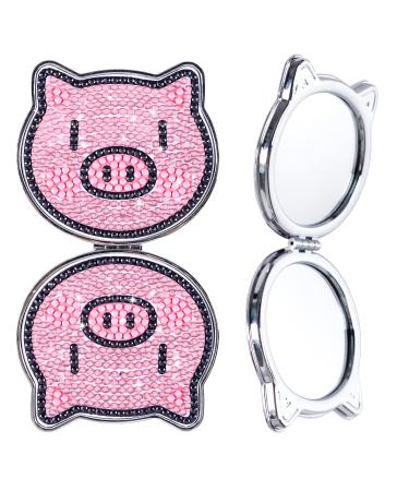 Zxvskr Diamond Painting Pocket Mirror  Portable Travel Cute Cosmetic Mirror Folding Handheld Double-Sided 1x/2x Magnifying Purse Mirror (Pig) Piglet
