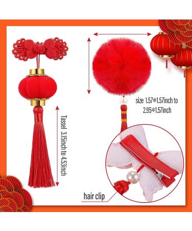 6 Pairs Baby Girls Chinese Style Hair Clips with Hairy Furry Balls and Tassels - Red Lantern Butterfly Decor - Perfect for New Year and Spring Festival - Buy Online on GoSupps.com