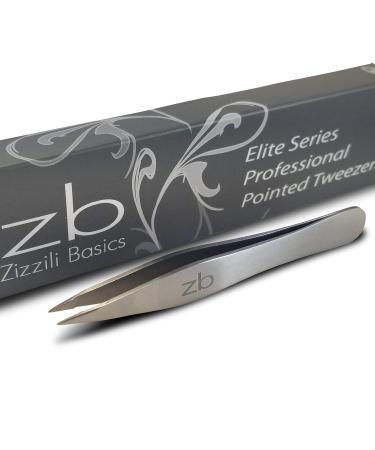 Zizzili Basics Elite Series Pointed Tweezers - Sharp Precision Tips + Surgical Grade Stainless Steel Tweezer for Professional Eyebrow and Facial Hair Removal Satin Finish