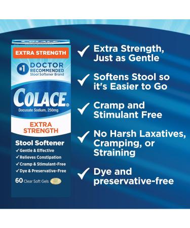 Colace Extra Strength Stool Softener for Gentle Effective Constipation Relief #1 Doctor Recommended Stool Softener Brand 250 mg Docusate Capsules 60 Count (Pack of 1) - Buy Online on GoSupps.com
