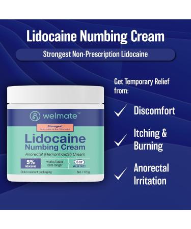 WELMATE - 5% Lidocaine Numbing Cream 6oz (170g) - Maximum Strength Lidocaine Cream - Hemorrhoid Relief - External Use Anesthetic Vitamin E - Child Resistant - Topical Skin Care 6.0 Ounce (1 pack) - Buy Online on GoSupps.com