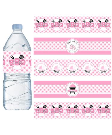 24PCS BBQ Baby Shower Water Bottle Labels  Barbecue Baby Shower Waterproof Self Adhesive Water Bottle Labels for Cookout BBQ Babyq Shower Decorations Girl Pink