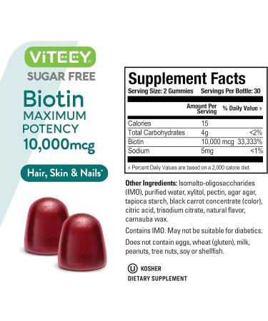 Sugar Free Biotin Gummies 10,000mcg for Healthy Hair, Skin & Nails - Vegan, Non-GMO, Gluten Free - 60 Berry Flavored Gummies - Buy Online on GoSupps.com