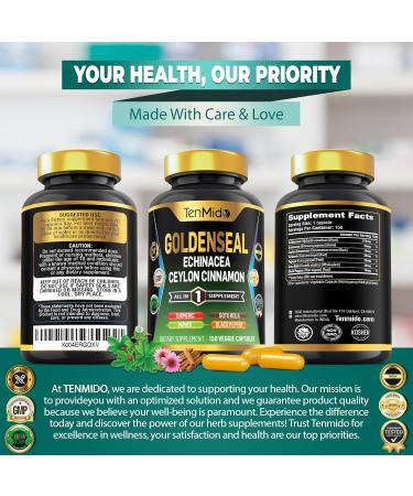 Tenmido Goldenseal Root Supplement - 7in1 Formula - Combine with Echinacea Ceylon Cinnamon Turmeric Papaya Gotu Kola & Black Pepper - Digestive Health Support - 150 Capsules for 5 Months Supply - Buy Online on GoSupps.com