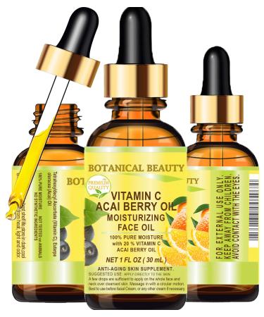Botanical Beauty VITAMIN C ACAI BERRY Oil. Moisturizing Face Oil. Anti-Aging Regenerating and Nourishing. 20% Vitamin C and 100% Pure Acai Berry Oil. (1 Fl Oz (Pack of 1))