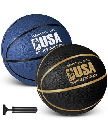 Lenwen 2 Pieces Official Size Basketball Size 7 Indoor Outdoor Rubber Basketball for Game Practice Training Basketball with Pump for Youth Teens Adults Kids Navy, Black
