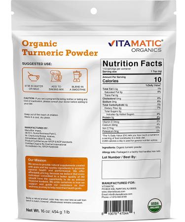 Vitamatic Organic Turmeric Powder - 1lb (16oz) | USDA Certified | Premium Quality - Buy Online on GoSupps.com