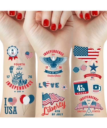 50 Pcs 4th of July Decorations Temporary Tattoos  12 Sheets Patriotic  Memorial Day  Independence Day  Labor Day Decorations  USA Party Supplies  American Flag Red White & Blue Design