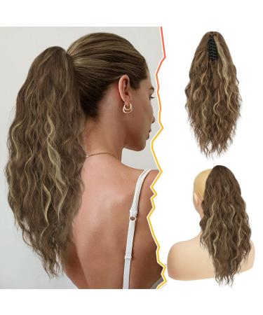 Claw Clip Ponytail Extensions BARSDAR Clip in Ponytail Extensions Claw Clip on for Women Long Curly Wavy Ponytail Synthetic Clip in Fake Pony Tail Hairpieces for Girls Daily Party (18'' Brown Blonde) 18 Inch Chocolate Brown with Caramel Blonde Highlights
