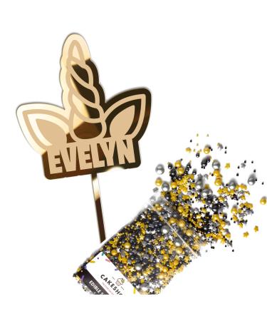 Cakeshop Cake Decoration Pack | Cute Unicorn Horn Premium 3mm Mirror Acrylic Plastic Cake Topper Sign & 25g Party Pack of Cake Sugar Sprinkles | Custom Name Cake Decorations (Gold) Prime Mirror Acrylic: Gold