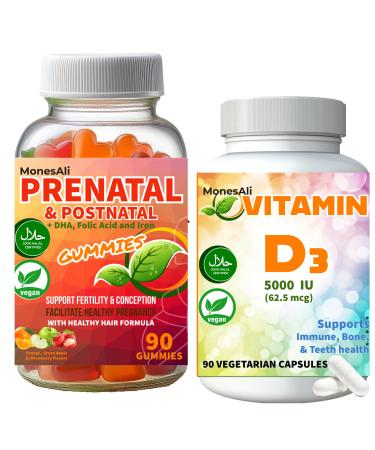 MonesAli Halal Comprehensive Bundle for Expecting Mothers: Prenatal Gummies + Vitamin D3 Capsules