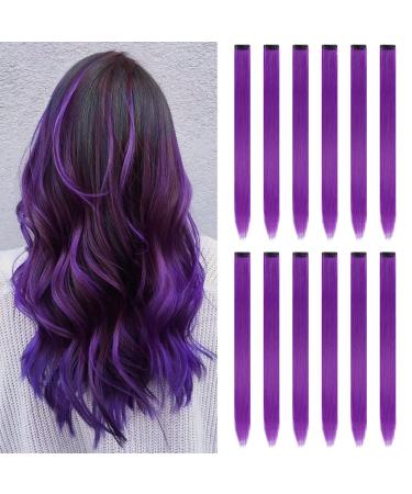 12PCS Colored Purple Hair Extensions Clip in Colorful Hair Extensions 22 Inch Rainbow Hair Extensions for Kids Women's Gifts Blue Hair Extensions (22inch,Purple)