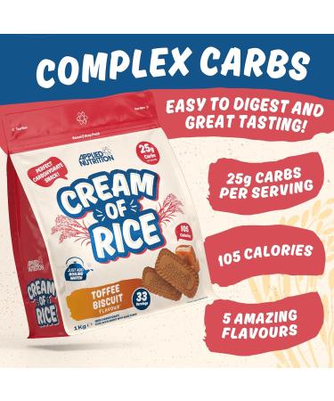 Applied Nutrition Cream of Rice - High Carbohydrate Cream of Rice Supplement Source of Energy for Breakfast & Snacks Easy to Digest Low Sugar Low Fat Vegan 1kg (Toffee Biscuit) Toffee Biscuit 1 kg (Pack of 1) - Buy Online on GoSupps.com