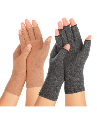 Zexhoor 2 Pairs Arthritis Compression Gloves for Women Men, Carpal Tunnel Pain Relief, Fingerless for Typing and Daily Work Medium Brown1+grey1