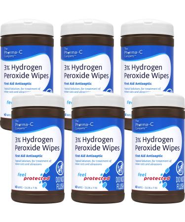 Pharma-C 3% Hydrogen Peroxide Wipes 6 pack - 40ct canisters - First Aid. H202 Skin Safe Antiseptic Wound Cleaner. MADE IN USA