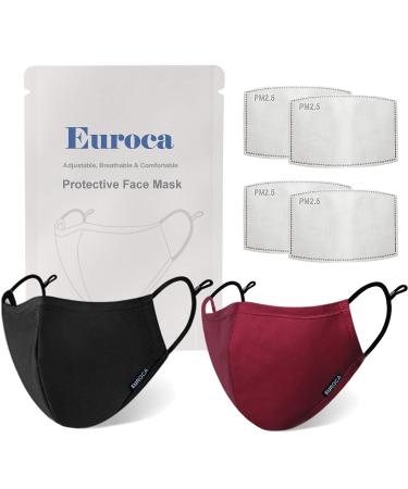 Euroca 4-Layer Cloth Face Mask Reusable Washable Adjustable For Adult -2 Packs with 4 Filters Included Black Burgundy (Small)