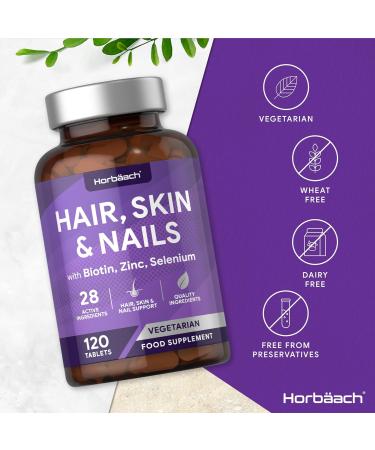 Hair Skin and Nails Vitamins with Biotin, Zinc and Selenium | 120 Vegetarian Tablets | Beauty Supplement for Women and Men by Horbaach - Buy Online on GoSupps.com