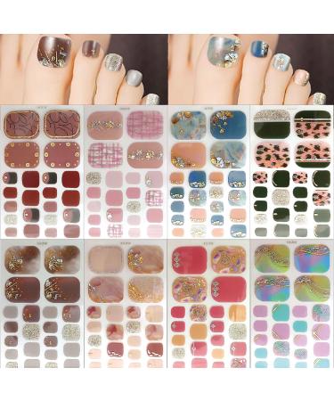 8 Sheets Semi Cured Toe Nail Polish Strips Self-Adhesive Gold Lines Gel Nail Stickers Rhinestones Gems Designs Marble Toenail Stickers Gold Foil Toe Nail Polish Stickers for Women Toenail Decoration
