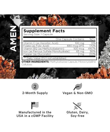 Amen Iron Ultra Supplement 65mg + Copper Folate Vitamin C & B12 - 2-Month Supply | Non-GMO Iron Pills with Folic Acid | 60 Capsules - Buy Online on GoSupps.com
