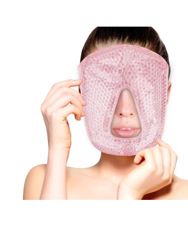 Hot and Cold Therapy Gel Bead Full Facial Mask by FOMI Care | Ice Face Mask for Migraine Headache Stress Relief | Reduces Eye Puffiness Dark Circles | Fabric Back (Full Face w/o Eye Holes Pink) Pink Face Mask w/o Eye Holes