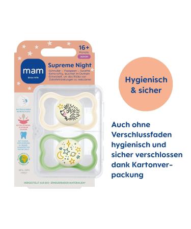 Mam Supreme Night Pacifiers Set | Bright Baby Pacifiers for Healthy Dental & Jaw Development | Prevents Skin Irritation | Includes Pacifier Box | Ages 6-16 Months - Bird/Universe Beige-Tartrosa/Mint - Buy Online on GoSupps.com