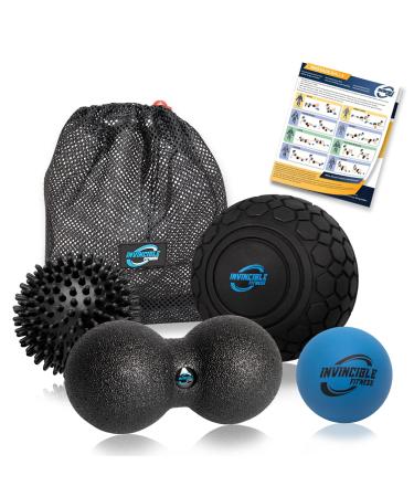 Invincible Fitness Muscle Massage Ball Set - Physical Therapy Equipment, Trigger Point Release Exercise, Self Massager Tools - Includes 5 Foam, Lacrosse, Peanut, & Spiky Balls with Storage Carry Bag Black, Blue, Red, Orange