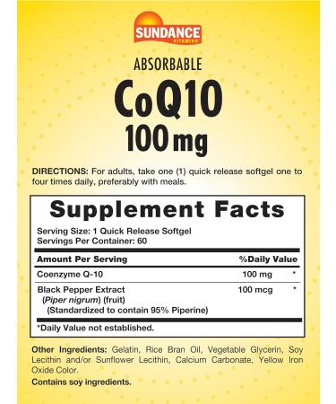 Buy CoQ10 100mg Softgels | 60 Absorbable | Non-GMO Gluten Free | With Black Pepper Extract | Sundance Supplements - Buy Online on GoSupps.com