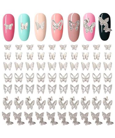 70Pcs Butterfly Nail Charms 3D Silver Butterfly Shape Charms for Nails DIY Craft Nail Art Decorations Supplies Nail Charms for Acrylic Nails Art Accessories(Silvery)